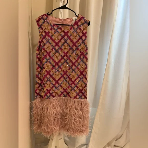 QUEEN OF SPARKLES Pink and Blue Plaid Dress with Feather Hem - Picture 1 of 4